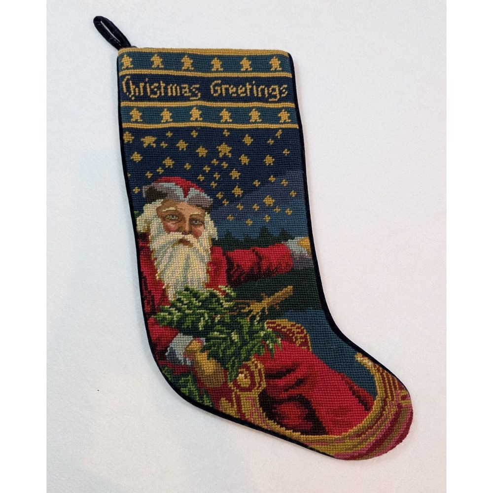 Vintage Needlepoint Stocking Old Fashioned Santa Father Christmas‎ Greetings